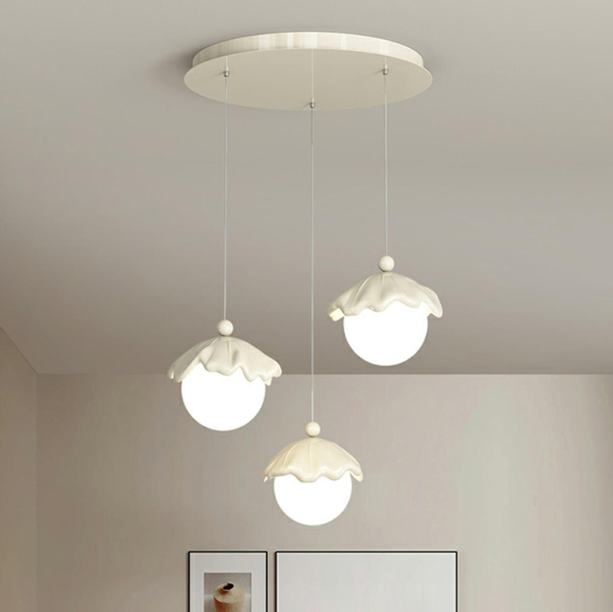 Modern Bedroom Leaf Metal Globe White Acrylic Pendant Light Image - 2