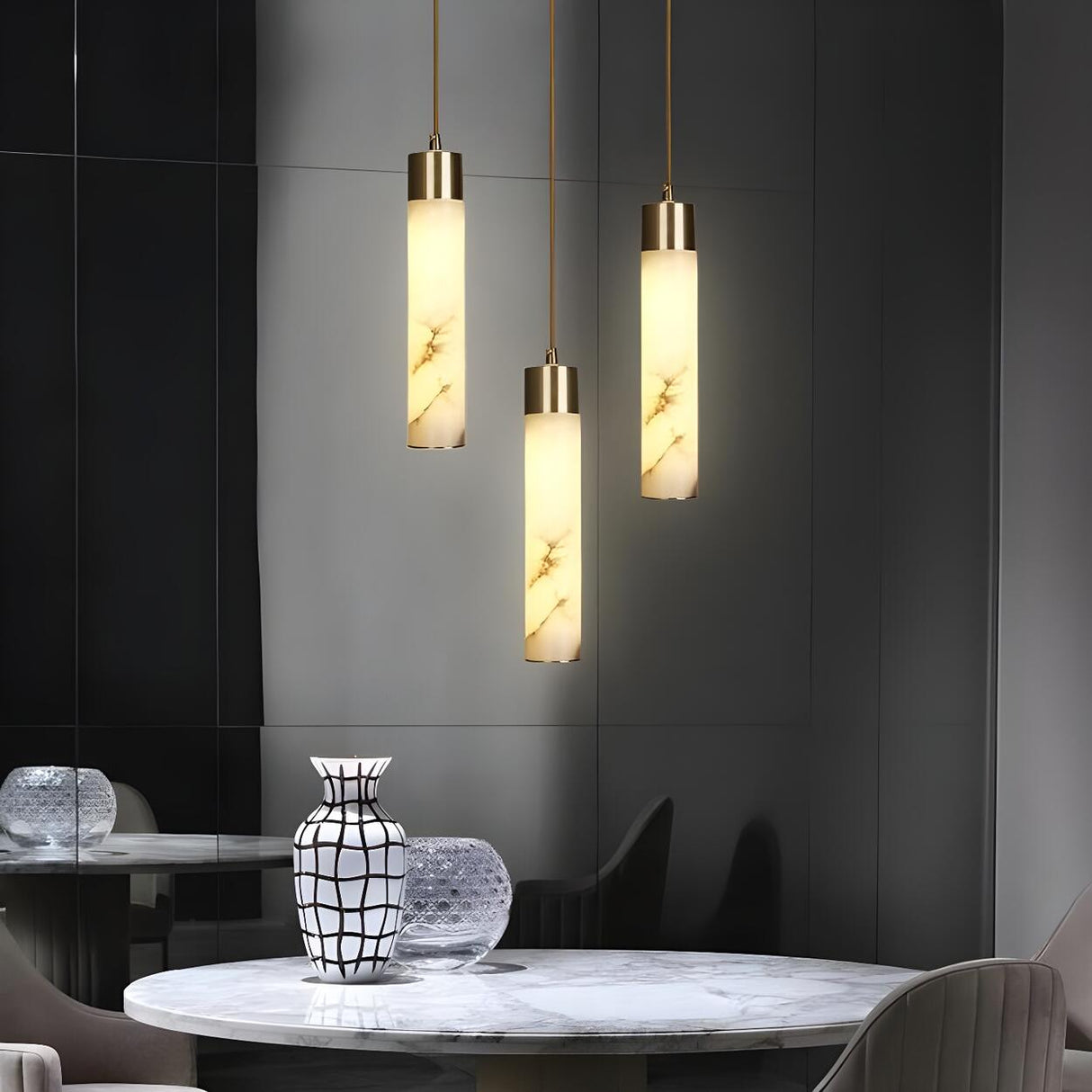 Modern Bedroom Marble Stone Cylinder Pendant Light Image - 7