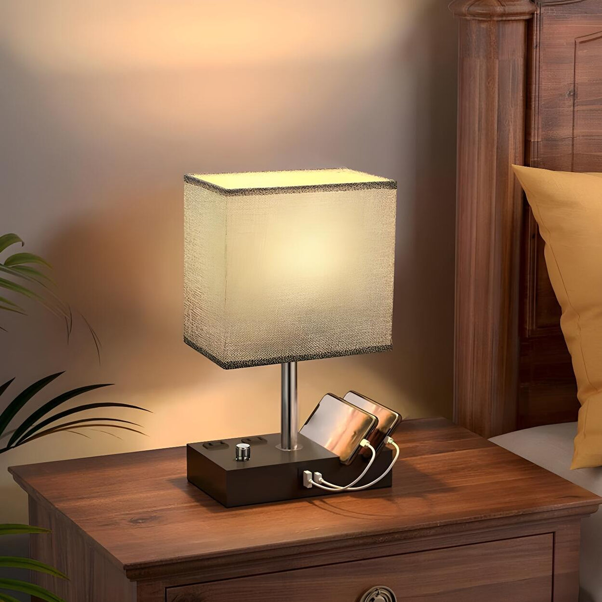 Modern Bedroom Matte Rectangular Fabric Table Lamp Image - 2