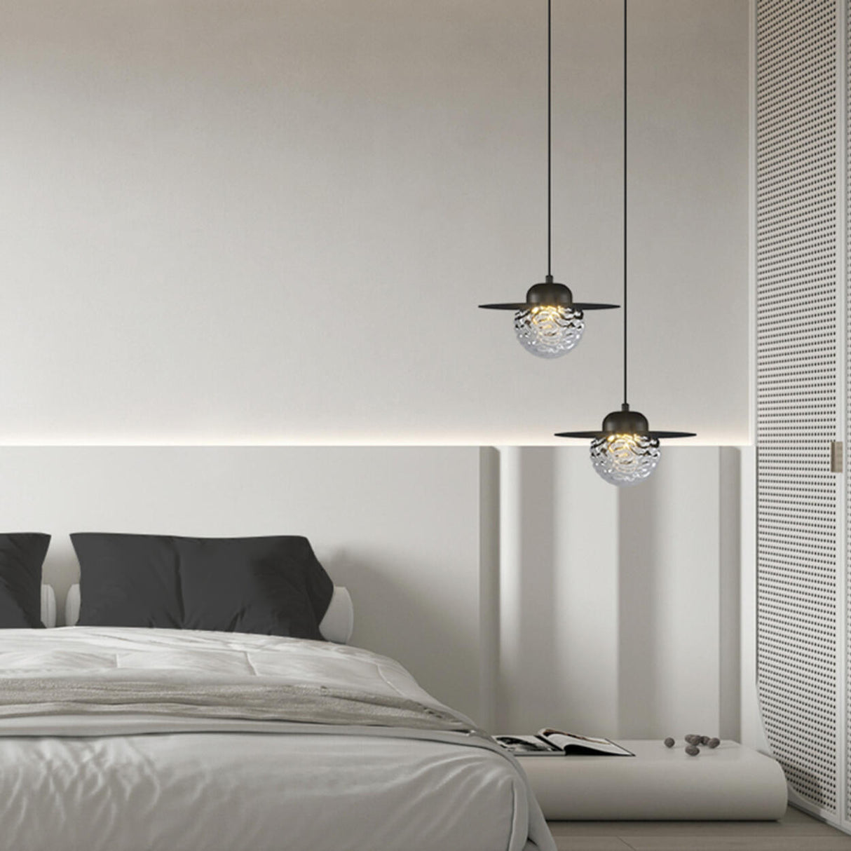 Modern Bedroom Metal Disc Rippled Glass Globe Pendant Light Image - 4