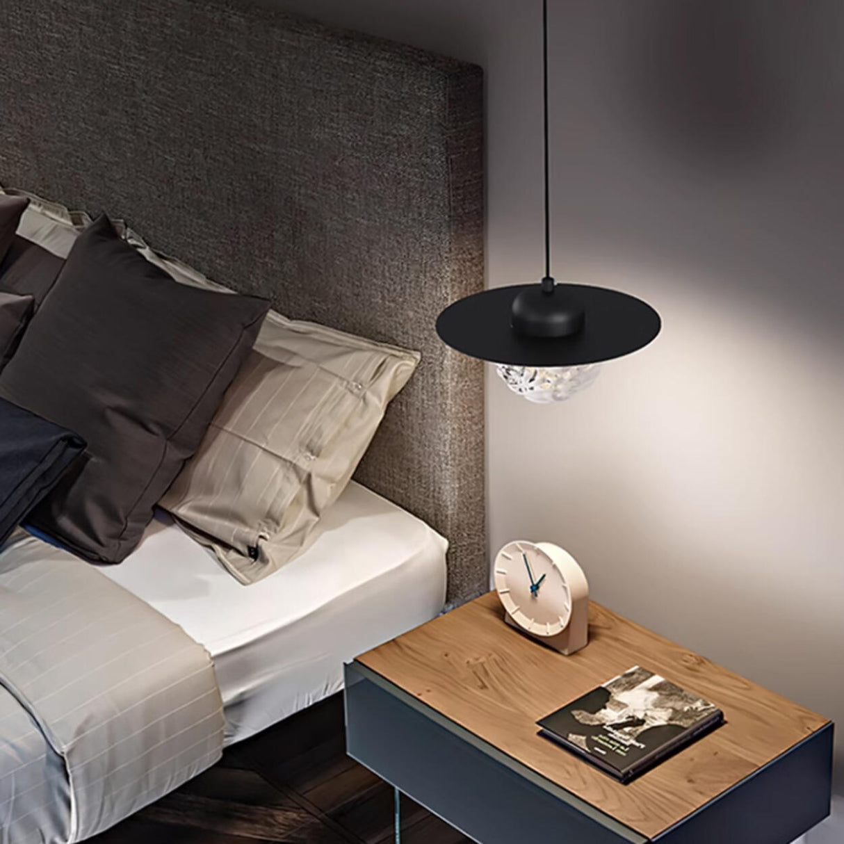 Modern Bedroom Metal Disc Rippled Glass Globe Pendant Light Image - 6