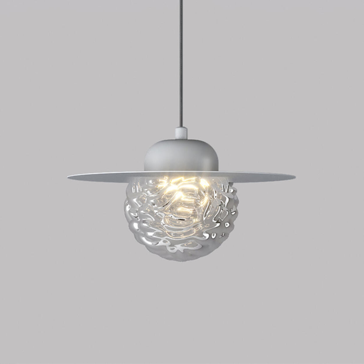 Modern Bedroom Metal Disc Rippled Glass Globe Pendant Light Image - 9