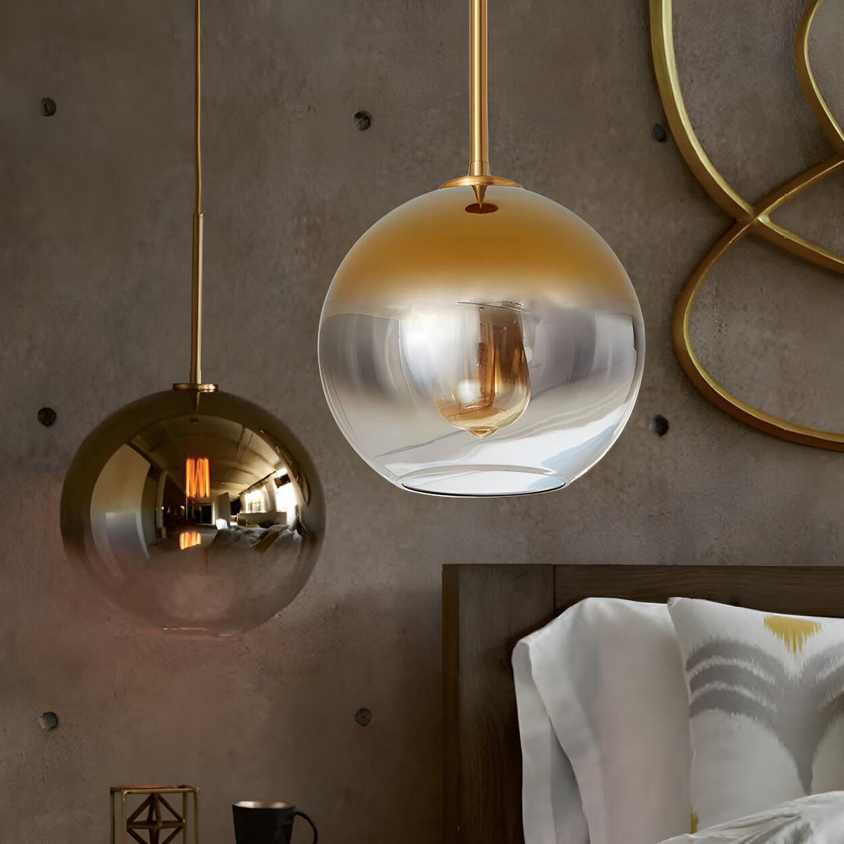 Modern Bedroom Spherical Gold Finish Glass Pendant Light Image - 2