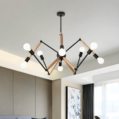 Modern Bedroom Spider Wooden Metal Exposed Bulbs Chandelier Image - 1