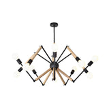 Modern Bedroom Spider Wooden Metal Exposed Bulbs Chandelier Image - 10