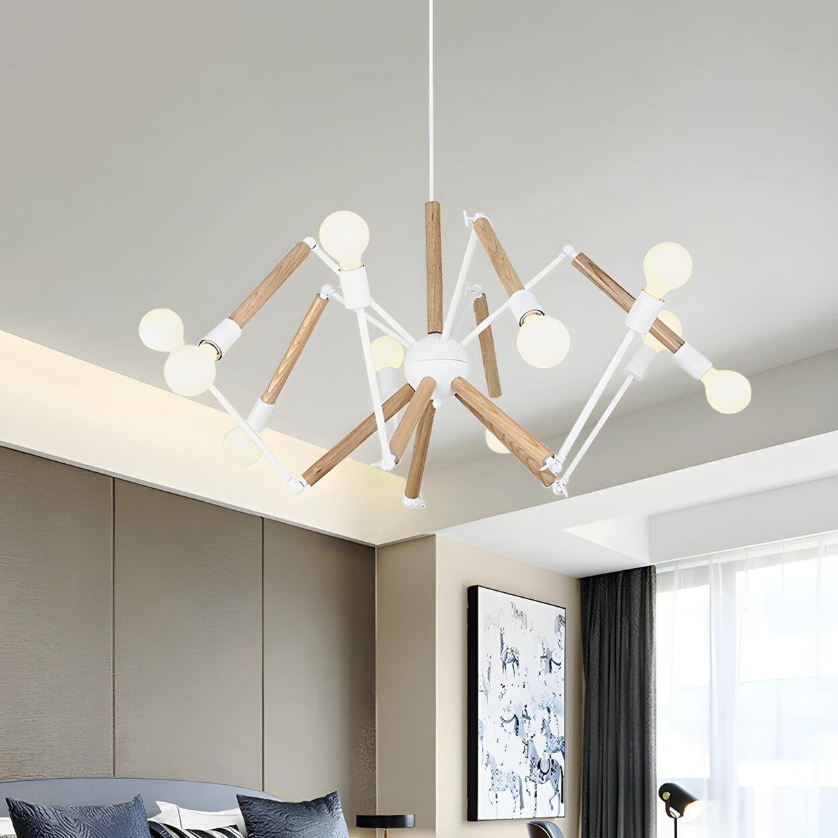 Modern Bedroom Spider Wooden Metal Exposed Bulbs Chandelier Image - 11