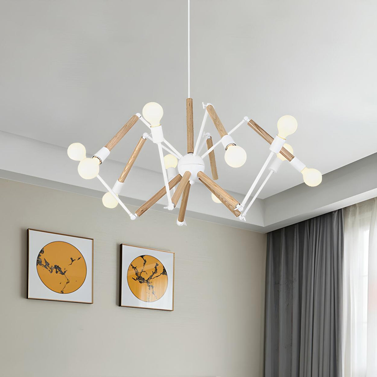 Modern Bedroom Spider Wooden Metal Exposed Bulbs Chandelier Image - 12