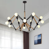 Modern Bedroom Spider Wooden Metal Exposed Bulbs Chandelier Image - 14