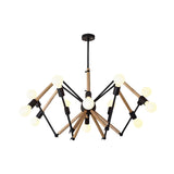 Modern Bedroom Spider Wooden Metal Exposed Bulbs Chandelier Image - 16