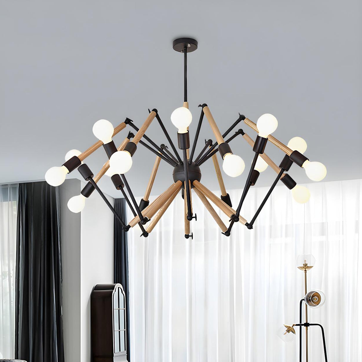 Modern Bedroom Spider Wooden Metal Exposed Bulbs Chandelier Image - 20