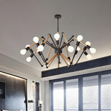 Modern Bedroom Spider Wooden Metal Exposed Bulbs Chandelier Image - 23