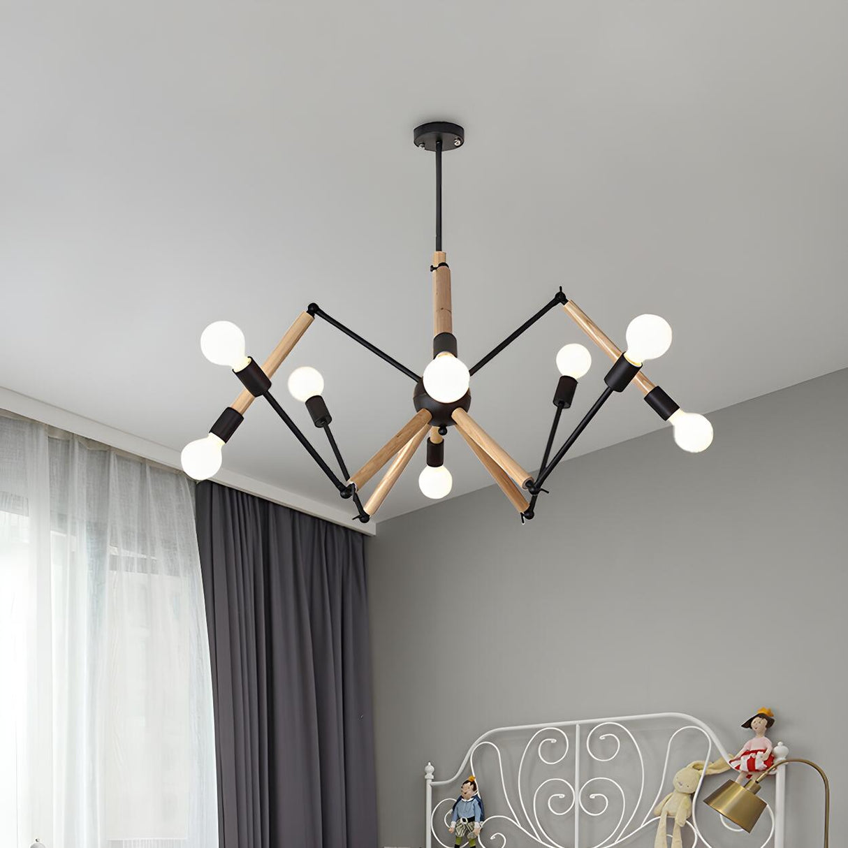 Modern Bedroom Spider Wooden Metal Exposed Bulbs Chandelier Image - 3