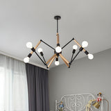 Modern Bedroom Spider Wooden Metal Exposed Bulbs Chandelier Image - 3