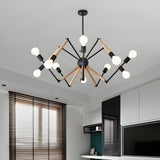 Modern Bedroom Spider Wooden Metal Exposed Bulbs Chandelier Image - 8