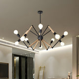 Modern Bedroom Spider Wooden Metal Exposed Bulbs Chandelier Image - 9