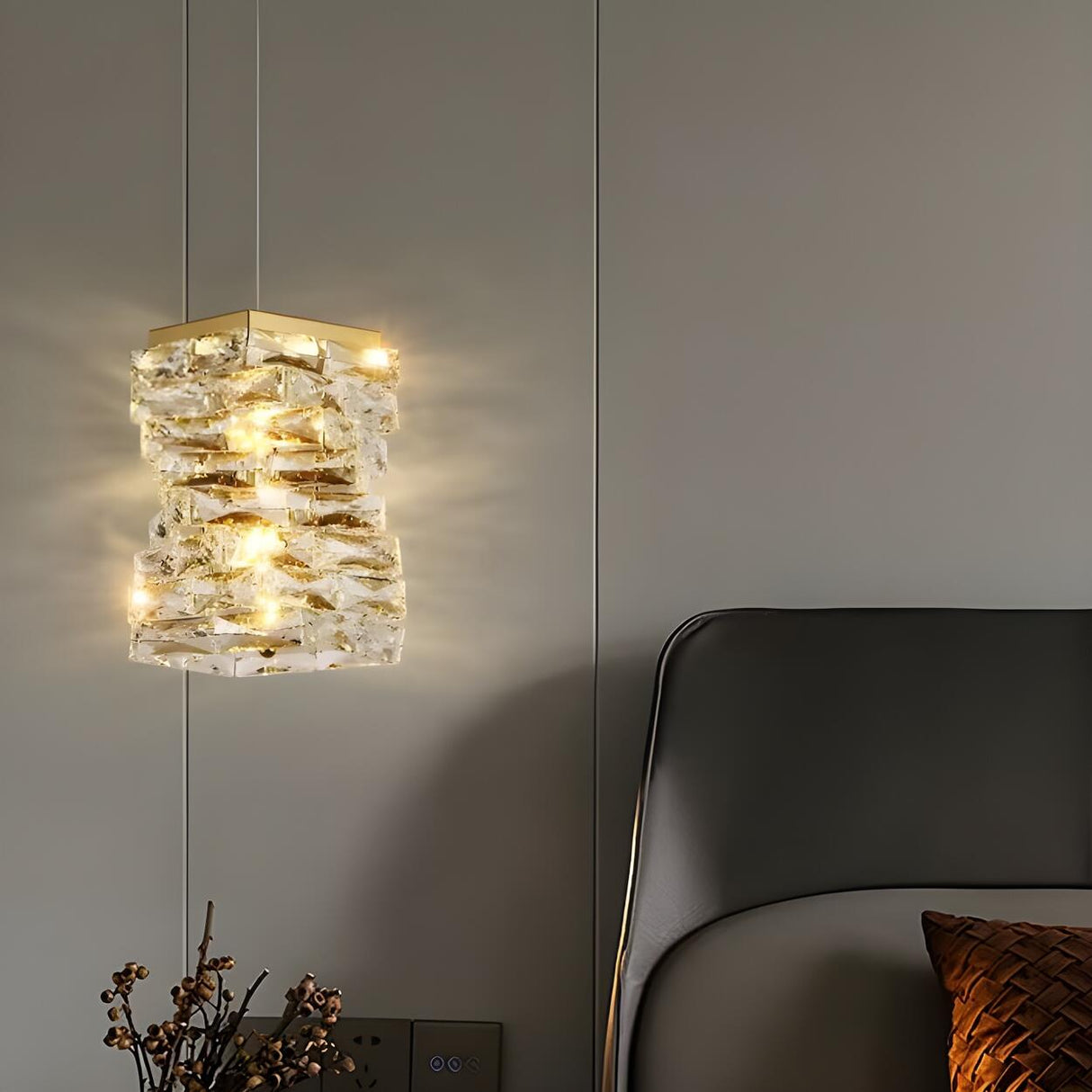 Modern Bedroom Stacked Square Clear Crystal Pendant Light Image - 2