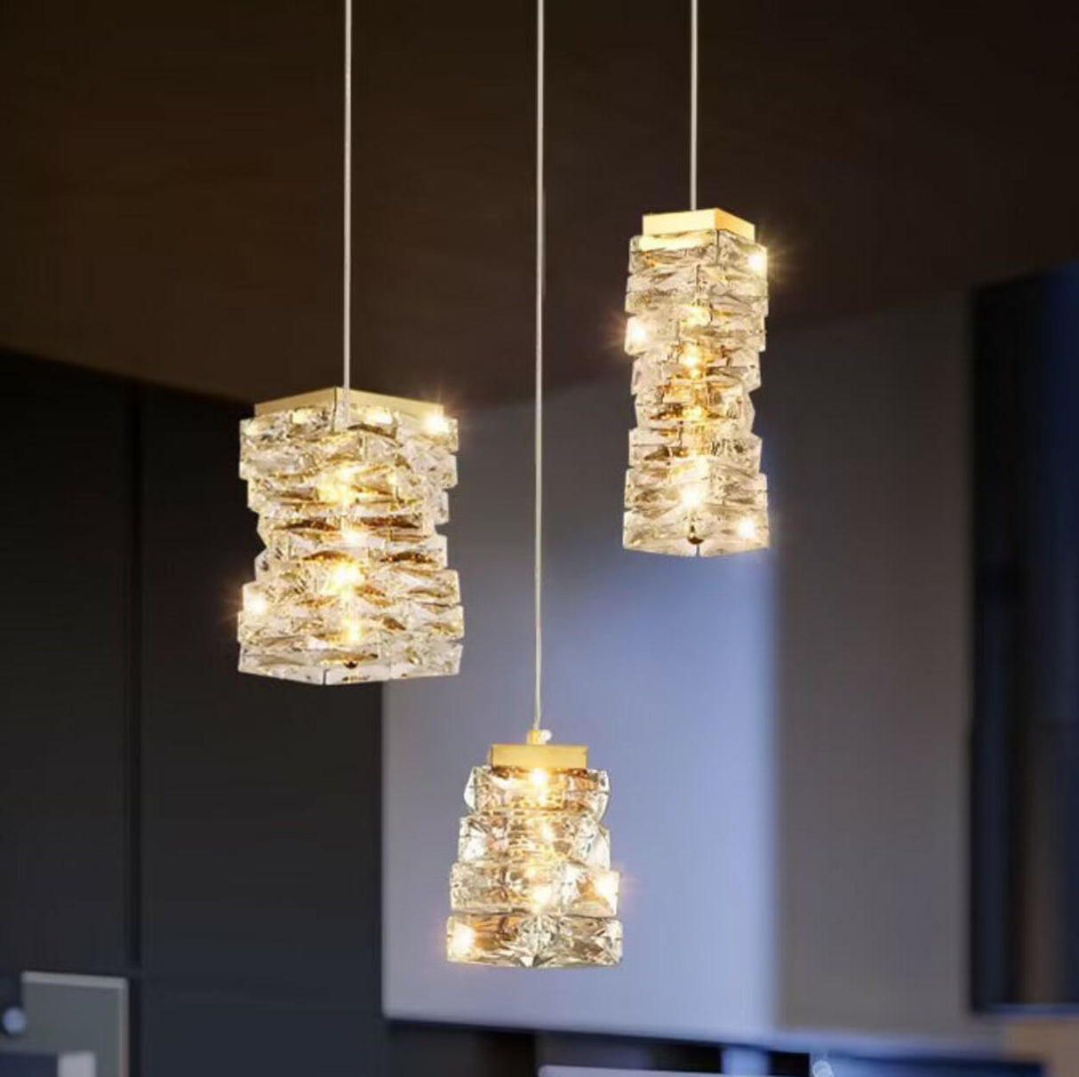 Modern Bedroom Stacked Square Clear Crystal Pendant Light Image - 3