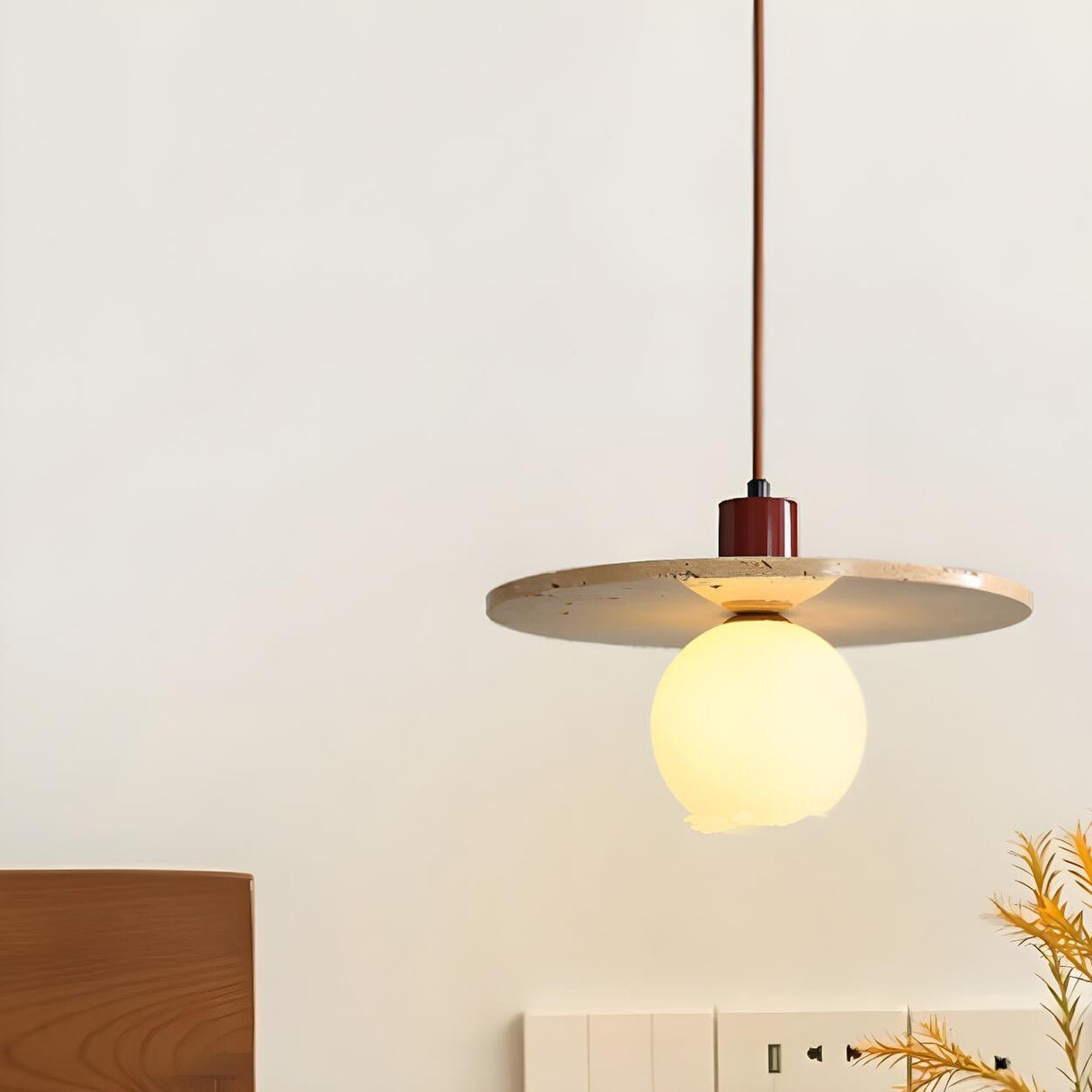 Modern Bedroom Stone Disc Beige Globe Glass Pendant Light Image - 3