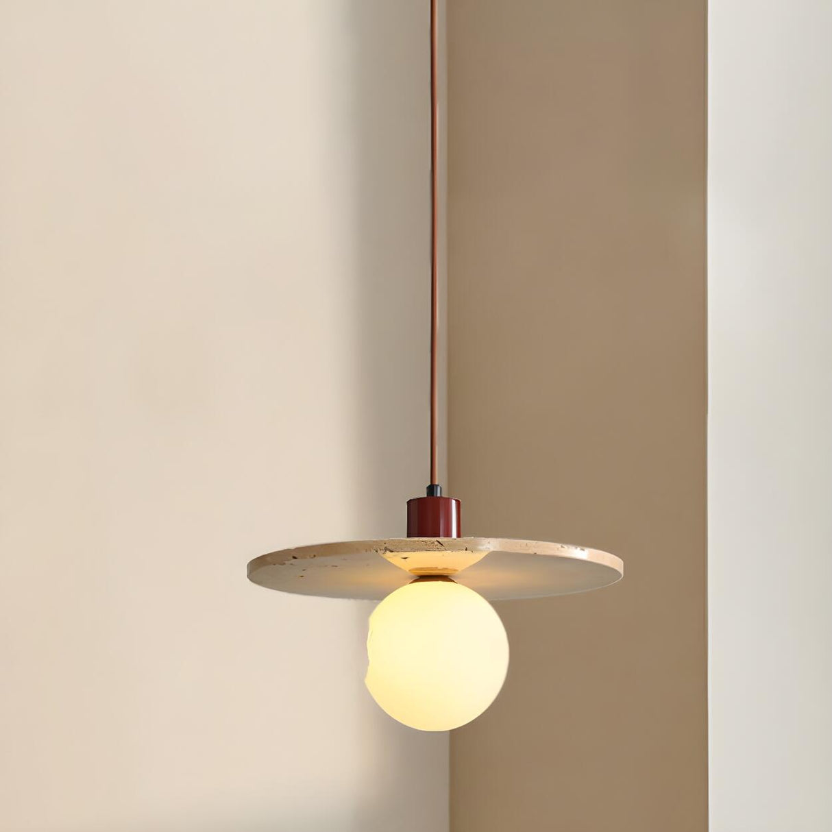 Modern Bedroom Stone Disc Beige Globe Glass Pendant Light Image - 4