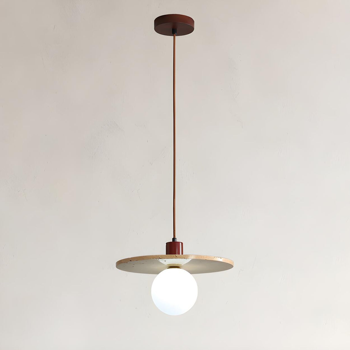 Modern Bedroom Stone Disc Beige Globe Glass Pendant Light Image - 5