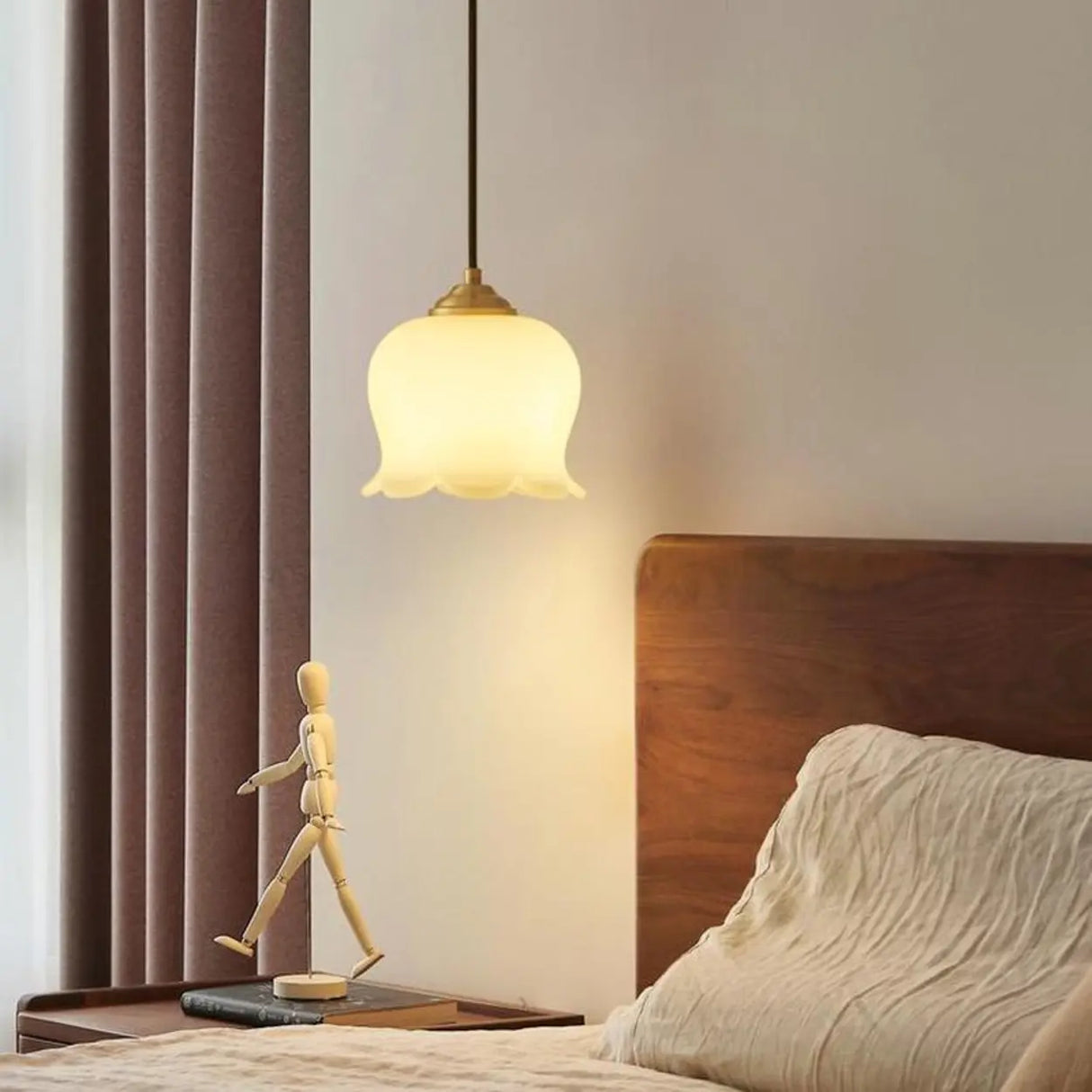 Modern Bedroom Walnut Beige Resin Bell Pendant Light Image - 4