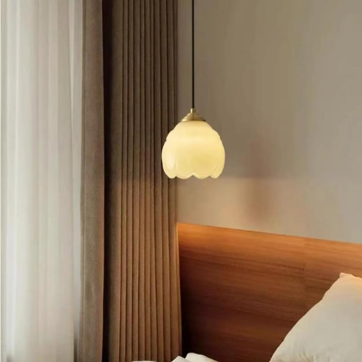 Modern Bedroom Walnut Beige Resin Bell Pendant Light Image - 6