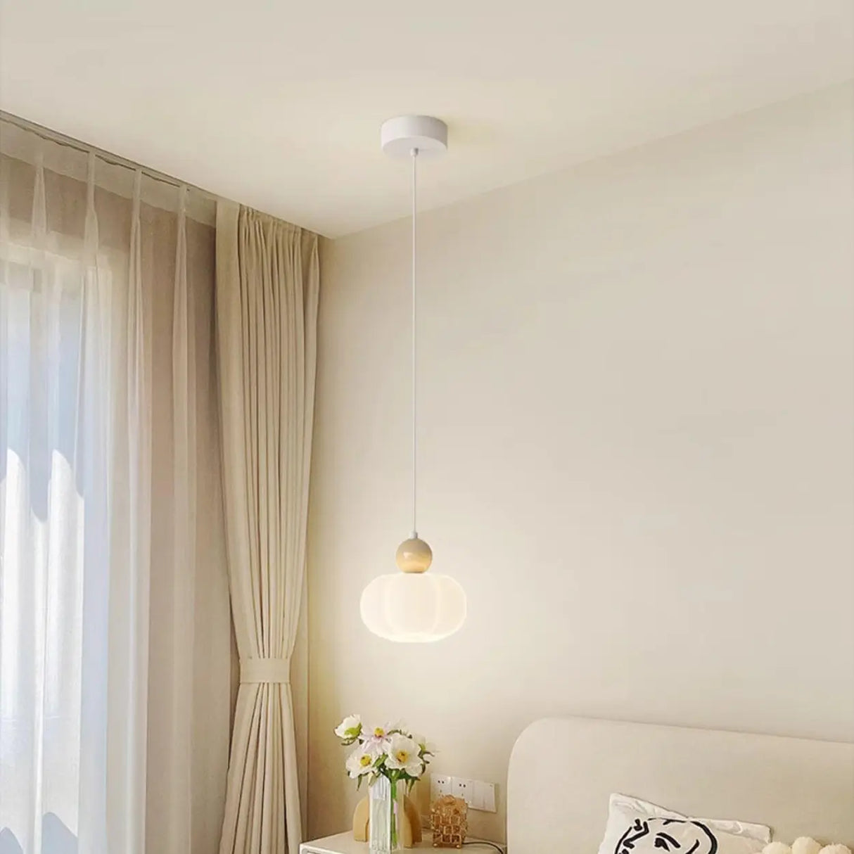 Modern Bedroom White Drum Pendant Light Adjustable Height Image - 2