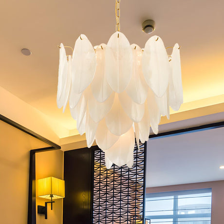 Modern Bedroom White Glass Leaf Tiered Pendant Chandelier Image - 1