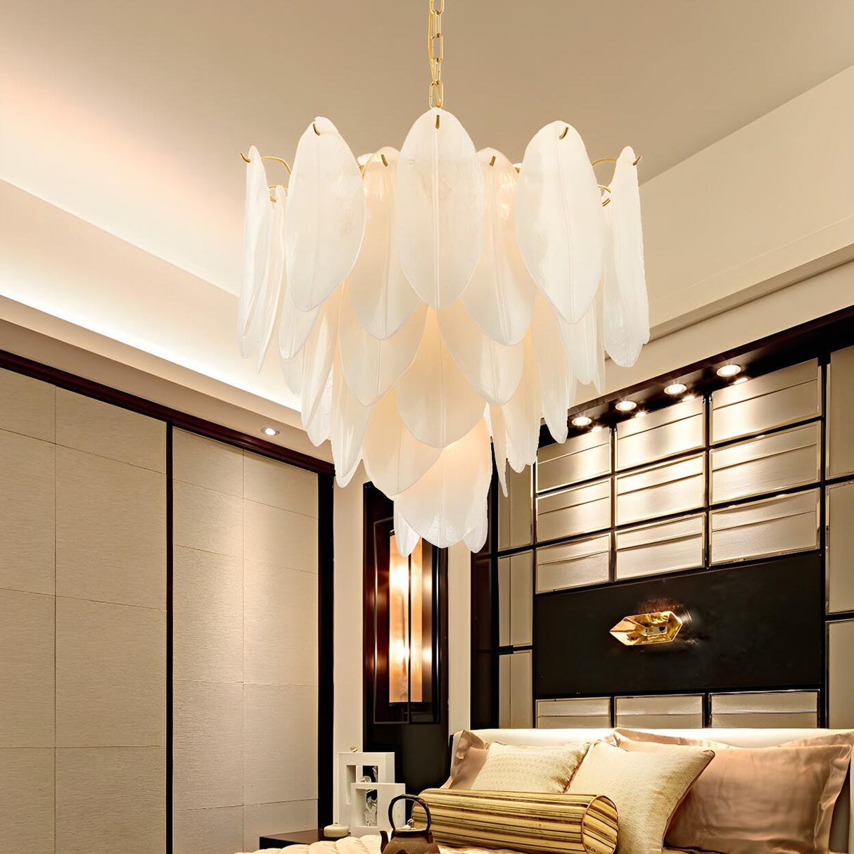 Modern Bedroom White Glass Leaf Tiered Pendant Chandelier Image - 2