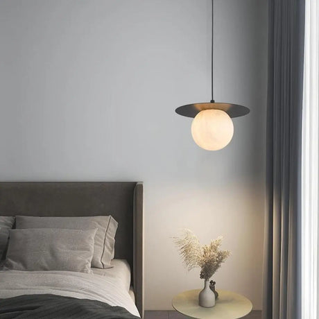 Modern Bedroom White Globe Stone Pendant Light Image - 2