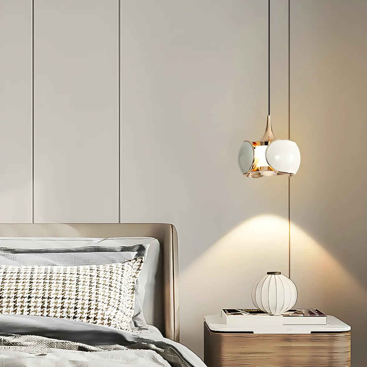 Modern Bedroom White Metal Drum Round Glass Pendant Light Image - 1