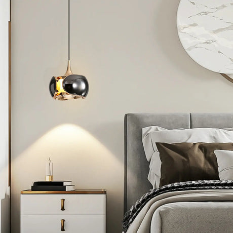 Modern Bedroom White Metal Drum Round Glass Pendant Light Image - 2