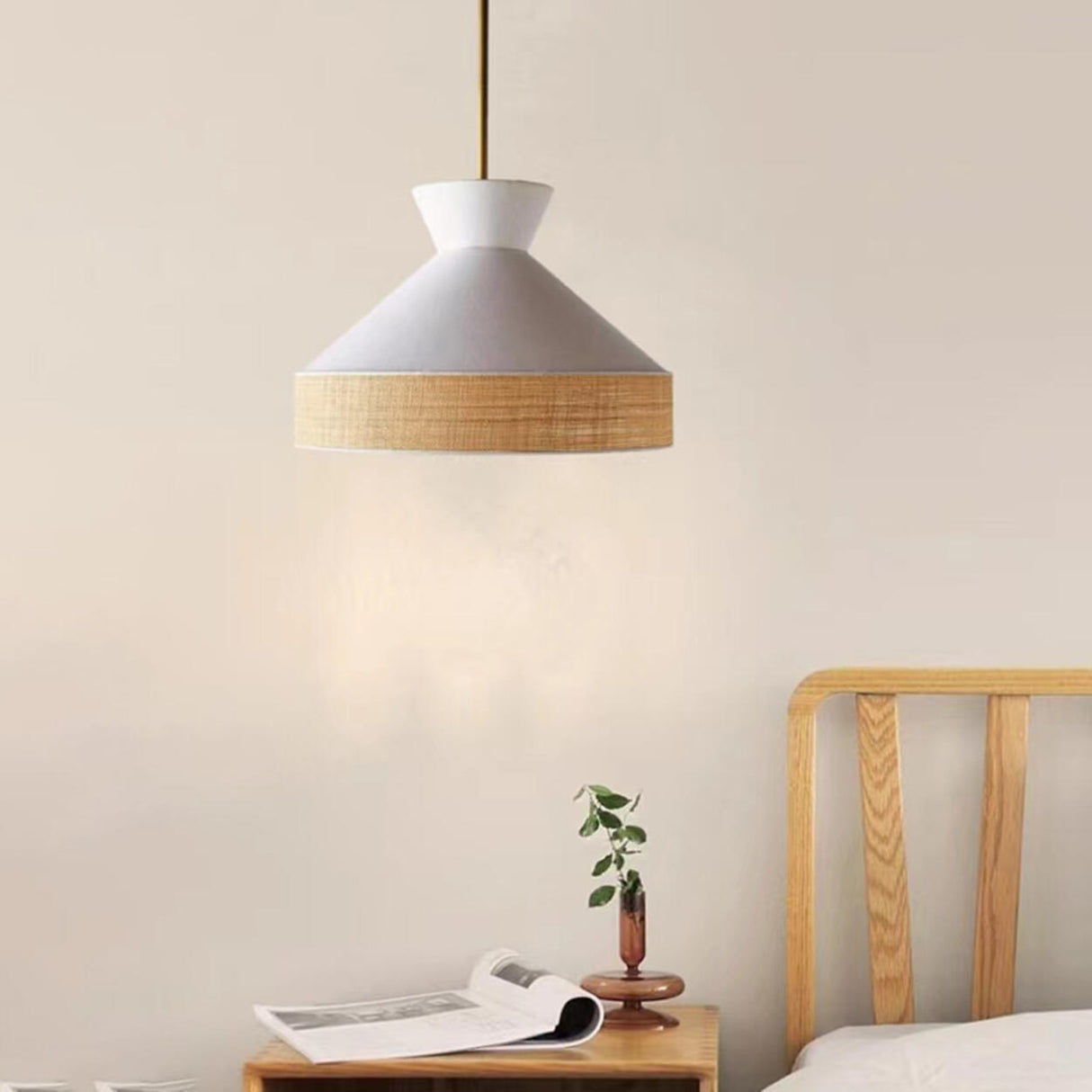 Modern Bedroom White Woven Fabric Cane Pendant Light Image - 1