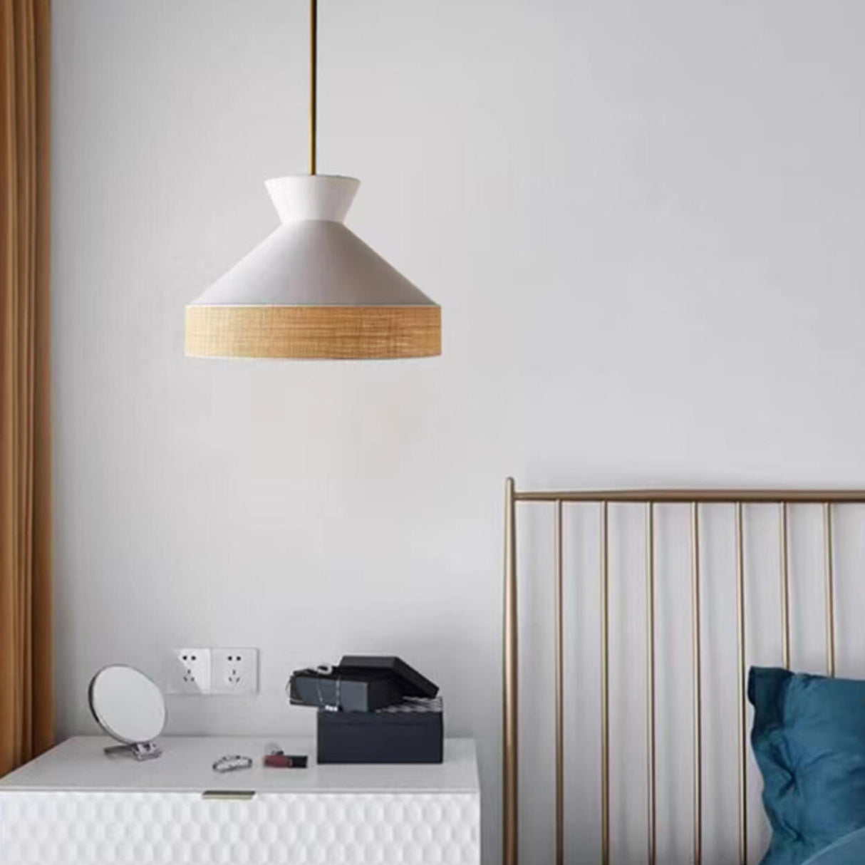 Modern Bedroom White Woven Fabric Cane Pendant Light Image - 6