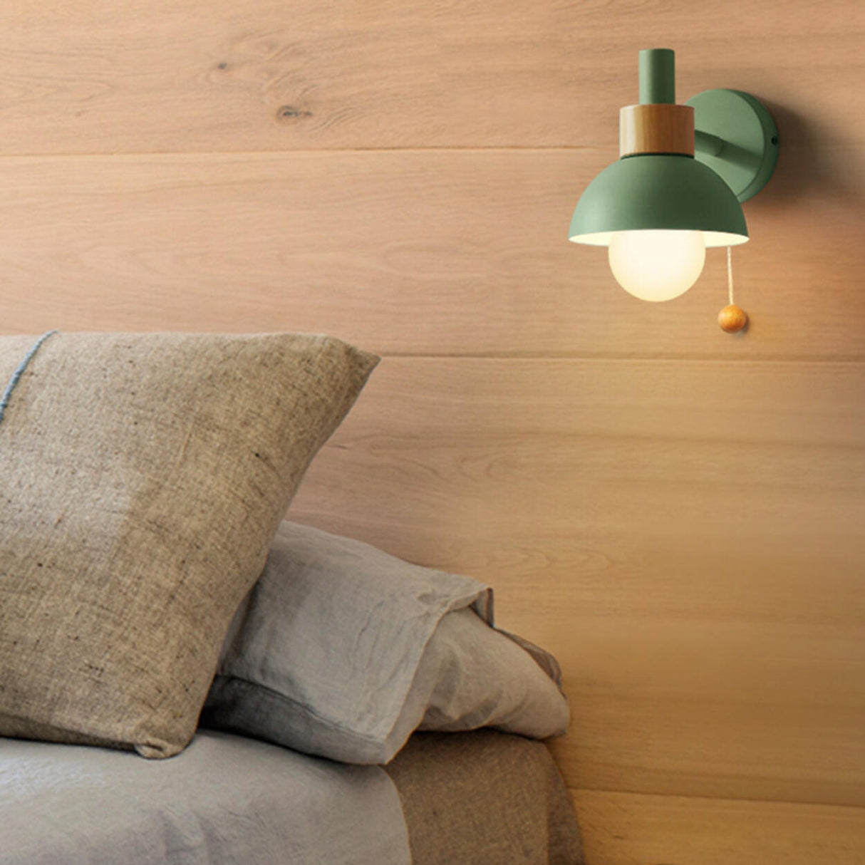 Modern Bedroom Wood Dome Wall Sconce with Pull Chain Image - 6