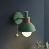 Modern Bedroom Wood Dome Wall Sconce with Pull Chain Image - 9