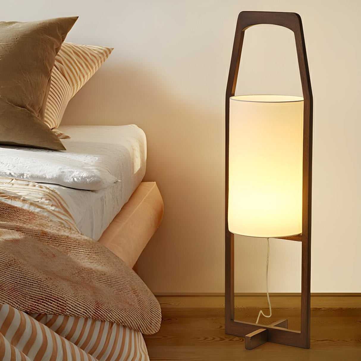 Modern Bedside Barrel Wooden Frame Floor Lamp Image - 1