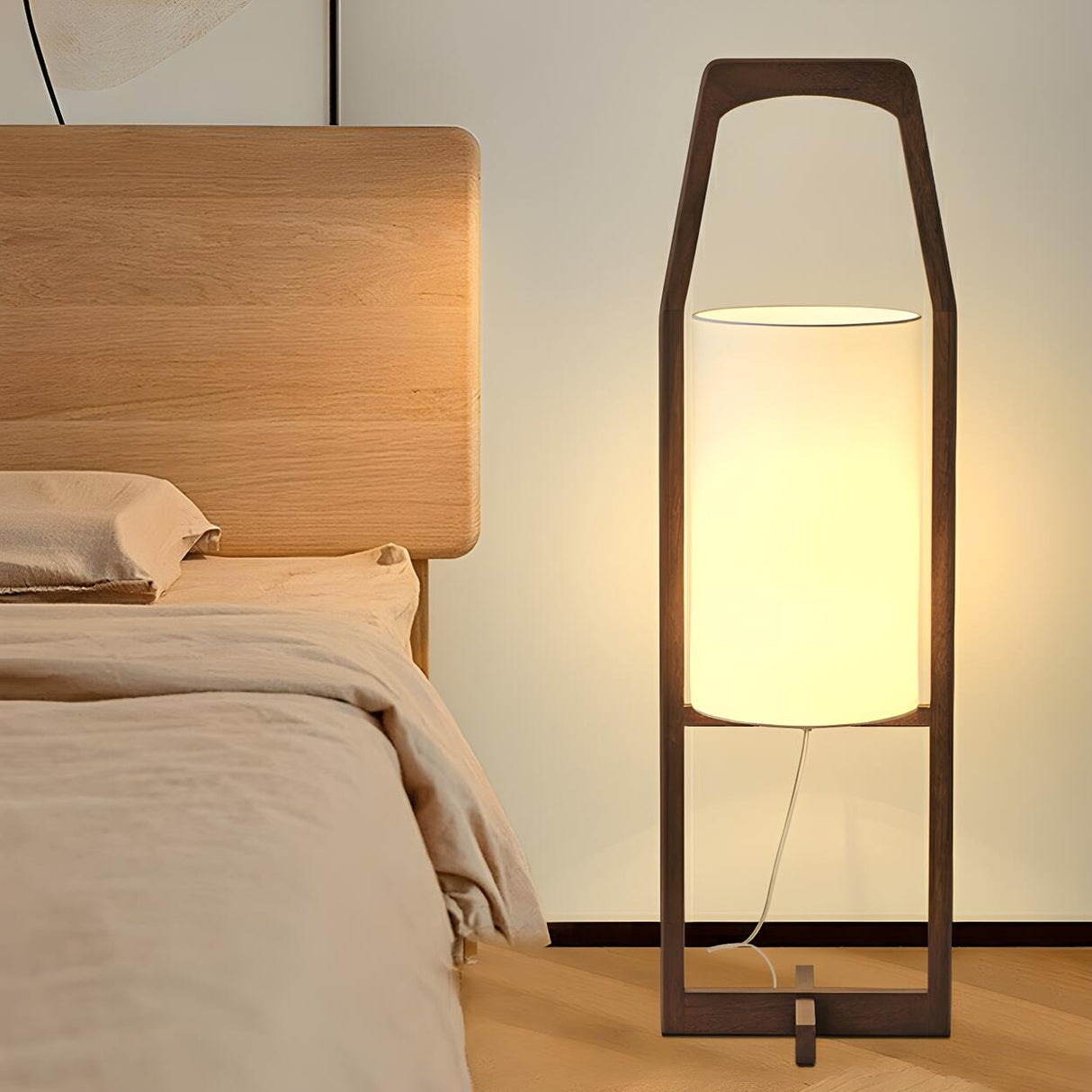 Modern Bedside Barrel Wooden Frame Floor Lamp Image - 2