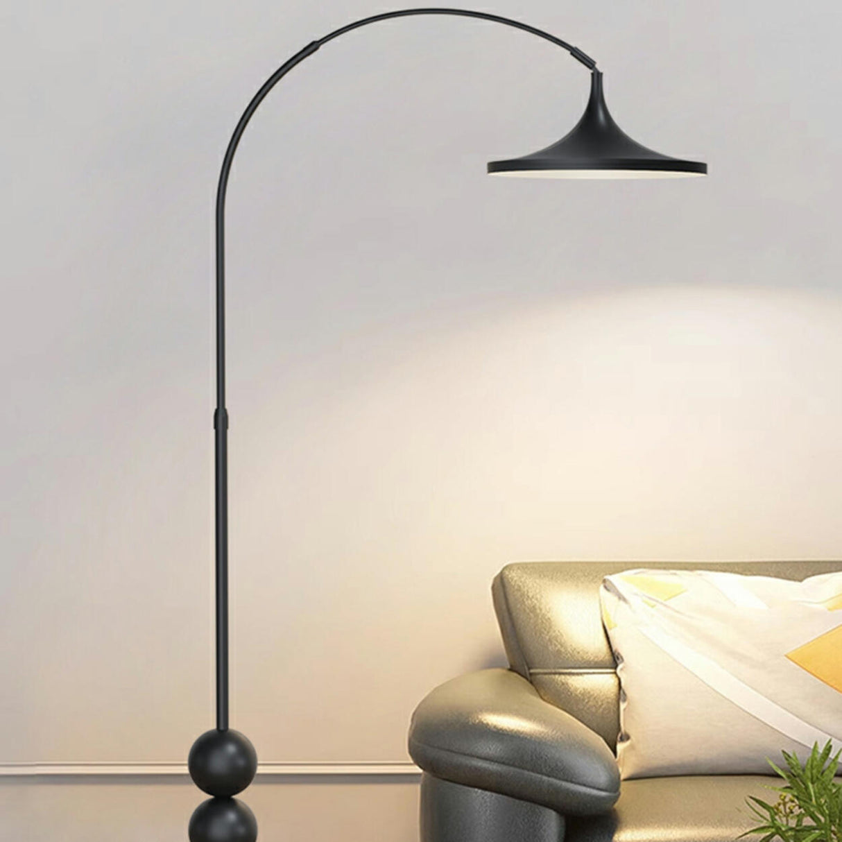 Modern Bedside Round and Black Arched Floor Lamp Image - 3