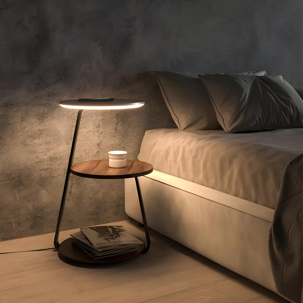 Modern Bedside Round Wooden Floor Lamp with Shelves Image - 1