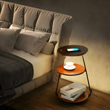 Modern Bedside Round Wooden Floor Lamp with Shelves Image - 2