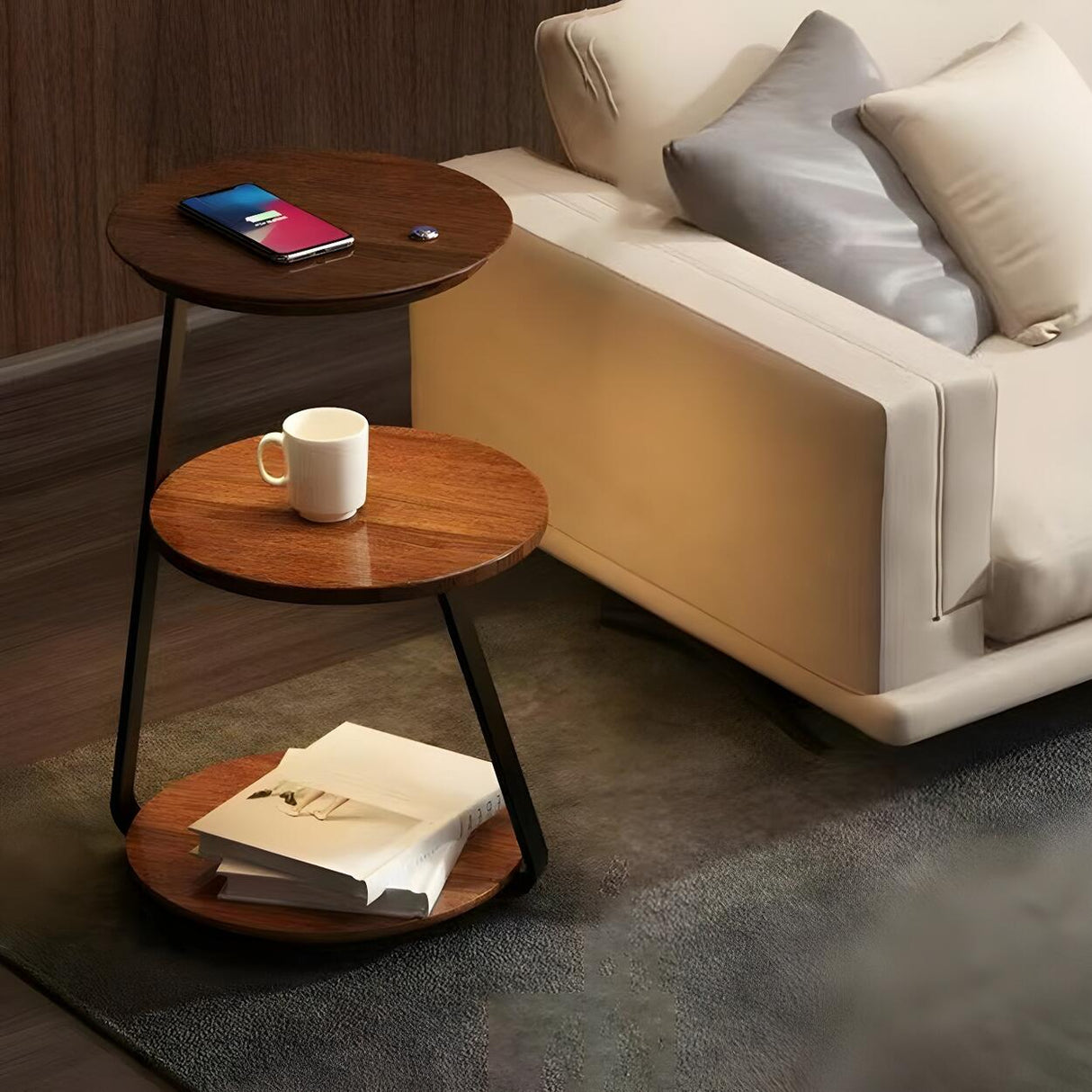 Modern Bedside Round Wooden Floor Lamp with Shelves Image - 8