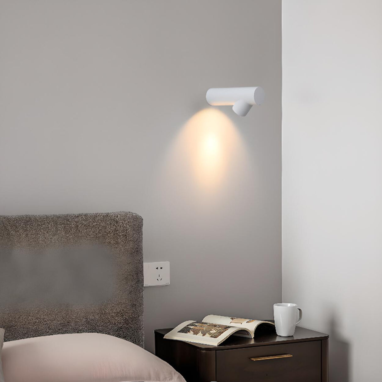 Modern Bedside White Cylindrical Metal Wall Sconce Image - 1