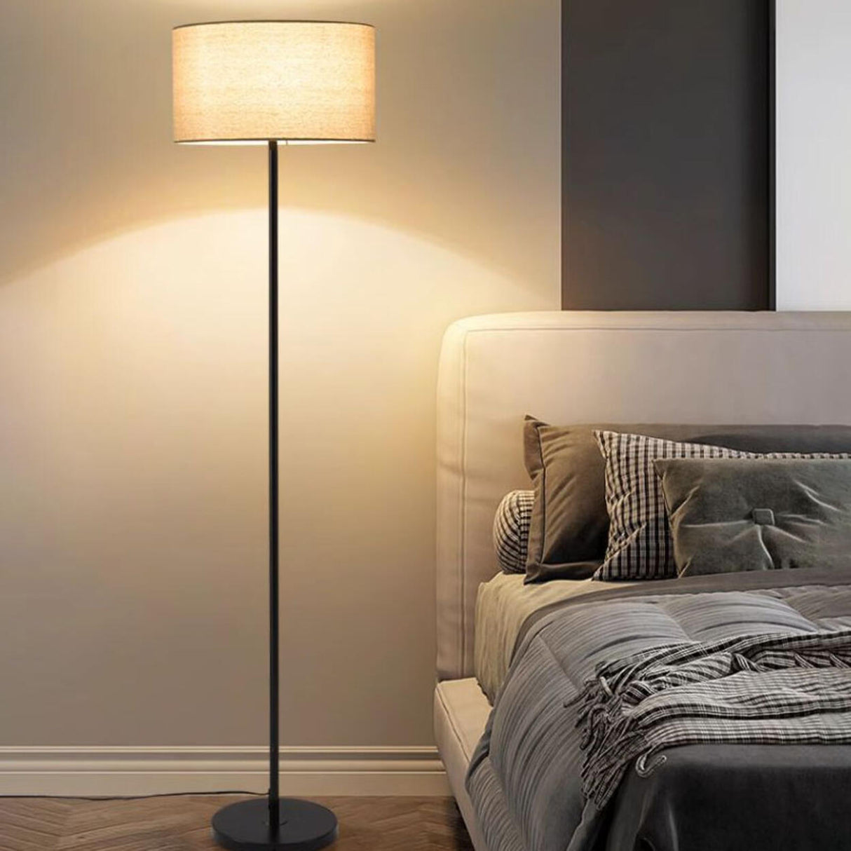 Modern Beige Drum and Black Column Metal Floor Lamp Image - 2