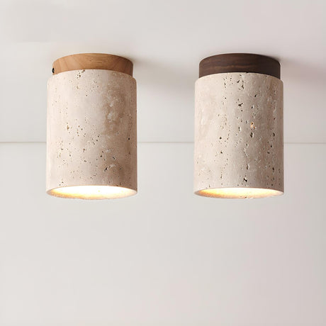 Modern Beige Stone Cylinder Flush Mount Ceiling Light Image - 1