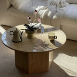 Modern Beige Travertine Stone Round Low Coffee Table Image - 1