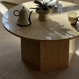 Modern Beige Travertine Stone Round Low Coffee Table Image - 7