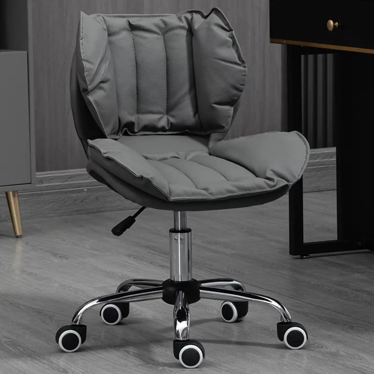 Modern Beige Upholstered Alloy Office Stool with Wheels Image - 15