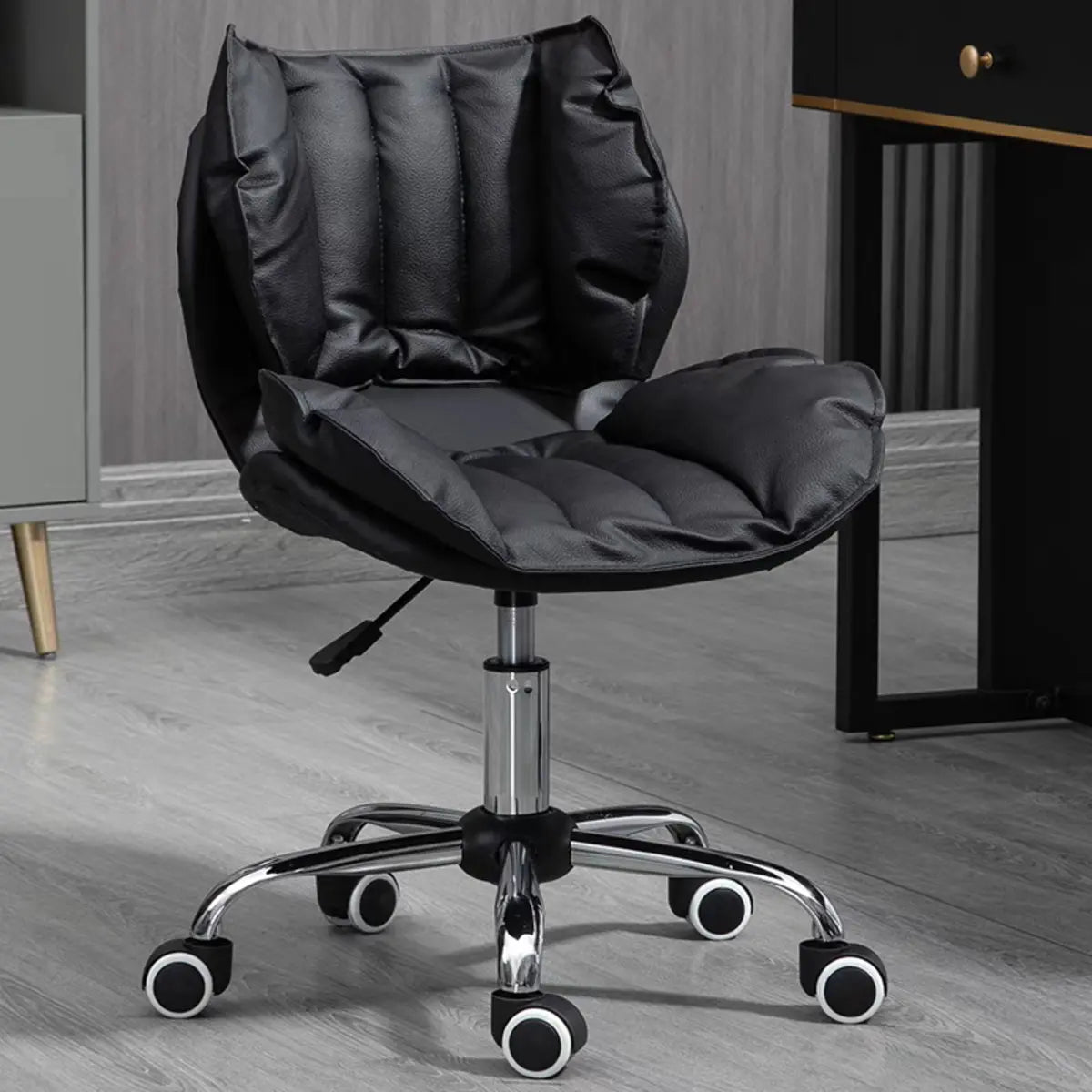 Modern Beige Upholstered Alloy Office Stool with Wheels Image - 19