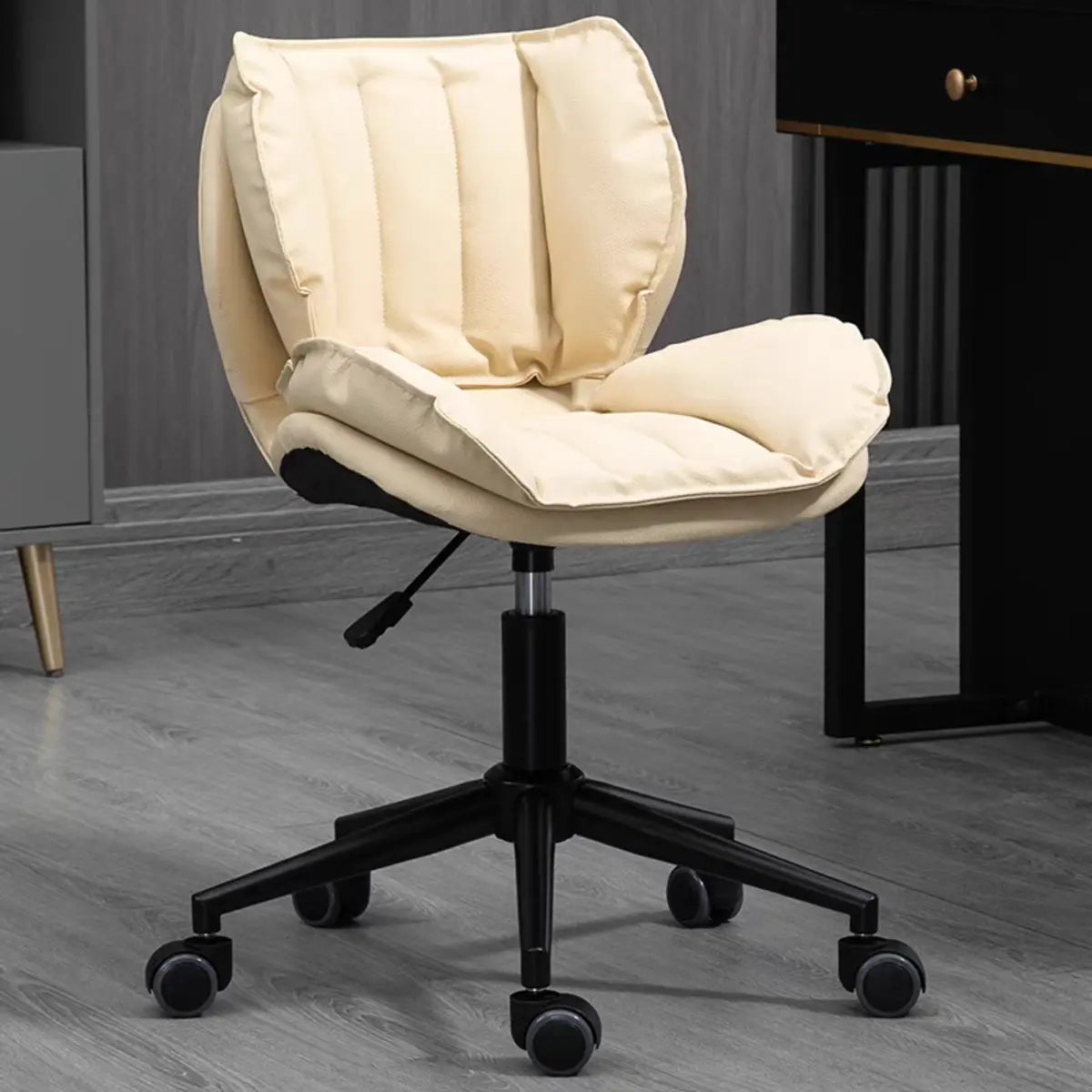 Modern Beige Upholstered Alloy Office Stool with Wheels Image - 2